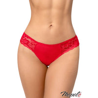 model wearing lace and mesh panty in red