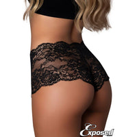 high-waist four-way stretch lace boyshort with a scallopped trim and an open crotch. in black, back view
