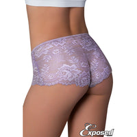 Soft stretch mesh boyshort with floral lace over the sides and back. in lilac, back view
