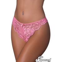  stretch lace thong with an elastic waistband and an open crotch. in pink, front view