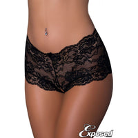 high-waist four-way stretch lace boyshort with a scallopped trim and an open crotch. in black, front view
