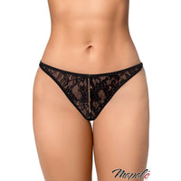 Black lace thong on a white background with 'Mapale' branding.