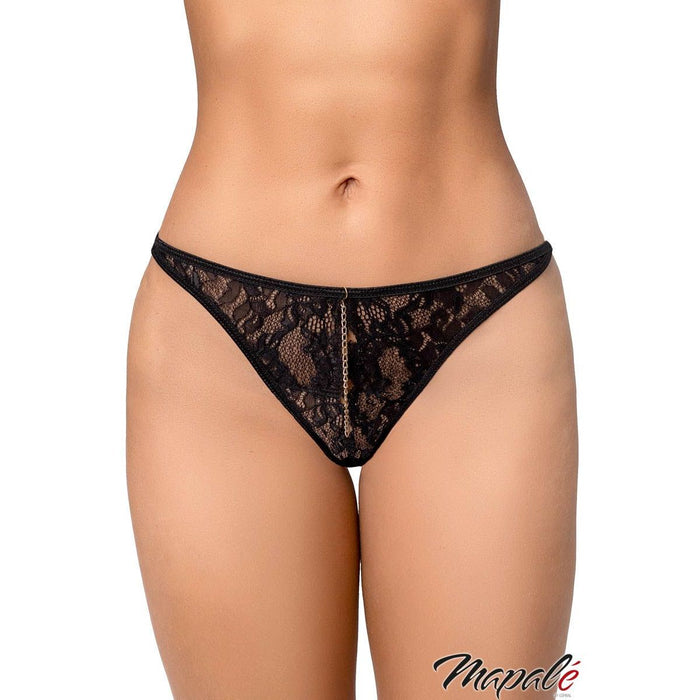 Black lace thong on a white background with 'Mapale' branding.