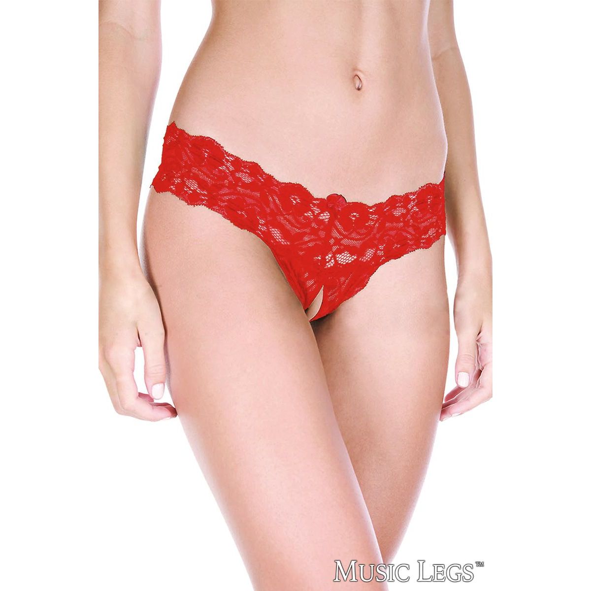 Low rise stretch lace thong with an open crotch, in red front view