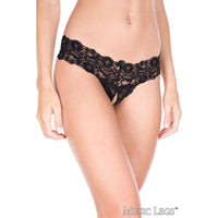 Low rise stretch lace thong with an open crotch, in black front view