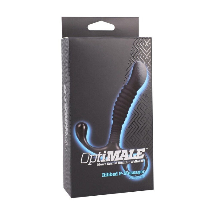 Product packaging for 'OptiMALE' ribbed P-massage product on a white background