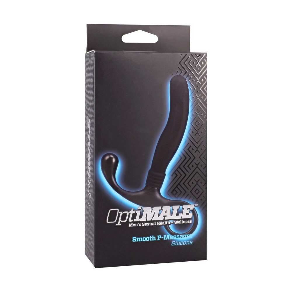 Black packaging of OptiMALE smooth silicone p massager product with blue lighting on a white background