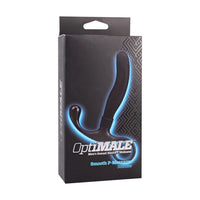 Black packaging of OptiMALE smooth silicone p massager product with blue lighting on a white background