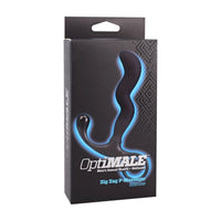 Black packaging of Optimale Zig Zag P-Massager with blue design on a white background