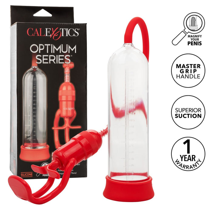 red and clear penis pump with finger trigger pump beside packaging