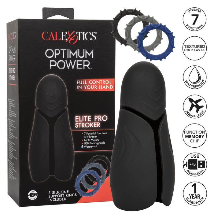 Image shows the black and red packaging with the black masturbator and a black, grey and blue cockring beside it 
