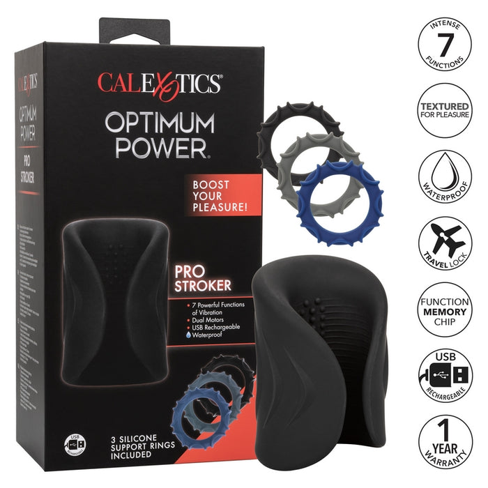 Red and black packaging with the black masturbator and the black, grey and blue cockrings beside it. The black masturbator has a cuff like shape and small bumps on the inside of the shaft 