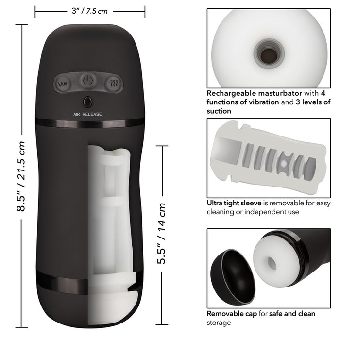 Image shows the internal texture of the white male masturbator with a circle opening. The masturbator has a sleek black hard shell with three buttons and an air release valve on the front 