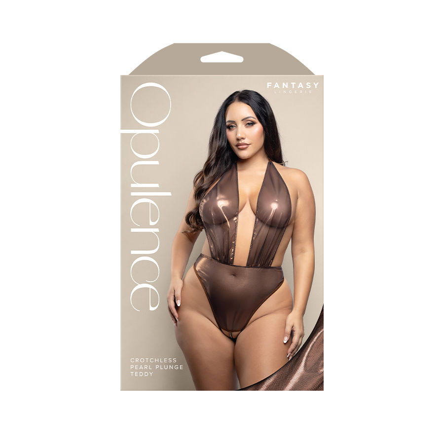 Brown crotchless pearl plunge teddy Queen size inside packaging.