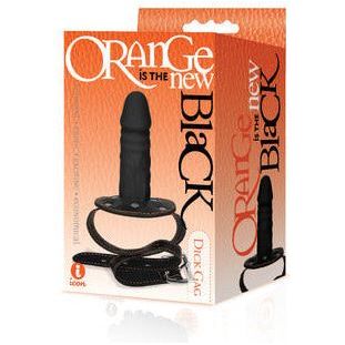 an orange and white display box depicting a black penis shaped gag that has black straps with orange stitching