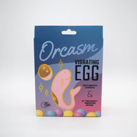Orcasm vibrating egg packaging with colorful design on a white background