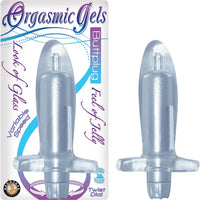 Clear butt plug with packaging labeled 'Orgasmic Gels' on a white background