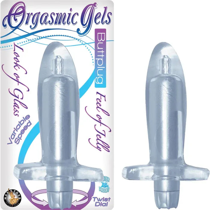 Clear butt plug with packaging labeled 'Orgasmic Gels' on a white background