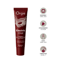 Orgie Electric Oral Tingling Lip Gloss in Strawberry flavor, shown in a dark red squeeze tube on a white background, with four feature callouts on the right.