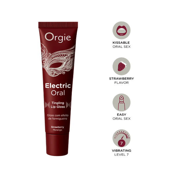 Orgie Electric Oral Tingling Lip Gloss in Strawberry flavor, shown in a dark red squeeze tube on a white background, with four feature callouts on the right.