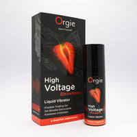 a box and bottle of orgie high voltage strawberry liquid vibrator gel on white background