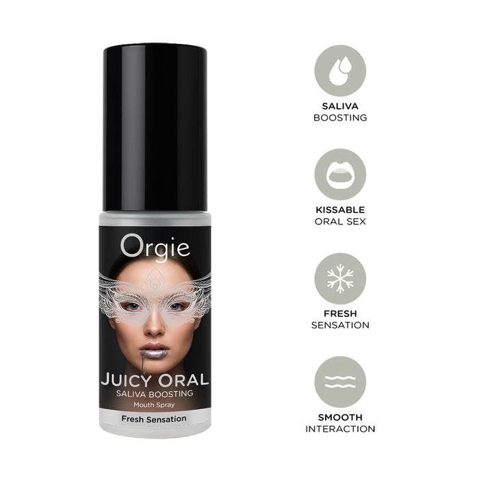 bottle of orgie juicy oral spray on white background