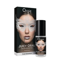 a box and bottle of orgie juicy oral spray on white background