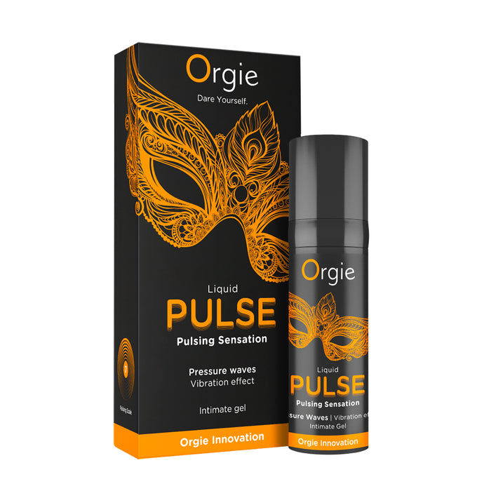 a box and bottle of orgie liquid pulse arousal gel on white background