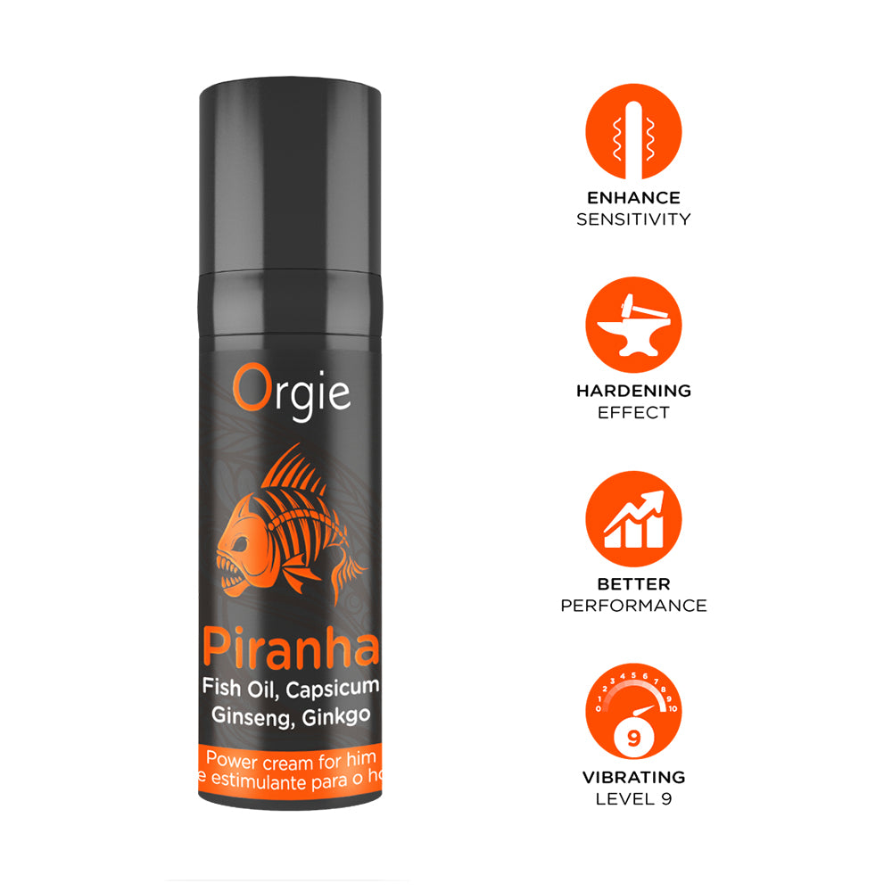 bottle of orgie piranha power cream for him on white background