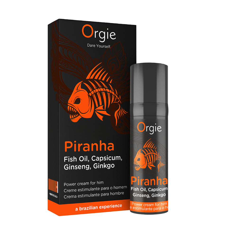 a box and bottle of orgie piranha power cream for him on white background