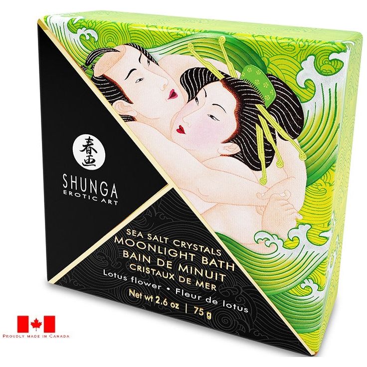 green and black box of lotus scented sea salts by shunga, proudly made in canada