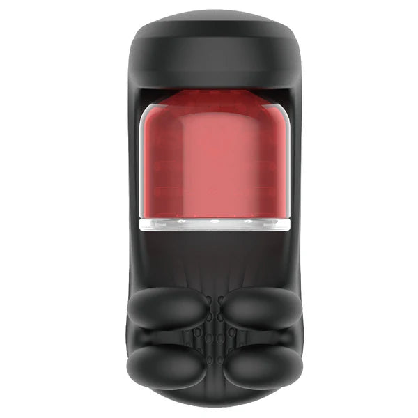 Black & Red rotating cup masturbator on a white background