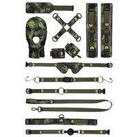 a green army themed bondage set that includes a paddle, a hogtie, a hood, cuffs, a blindfold, an open mouth gag, a leash, a collar and a ball gag