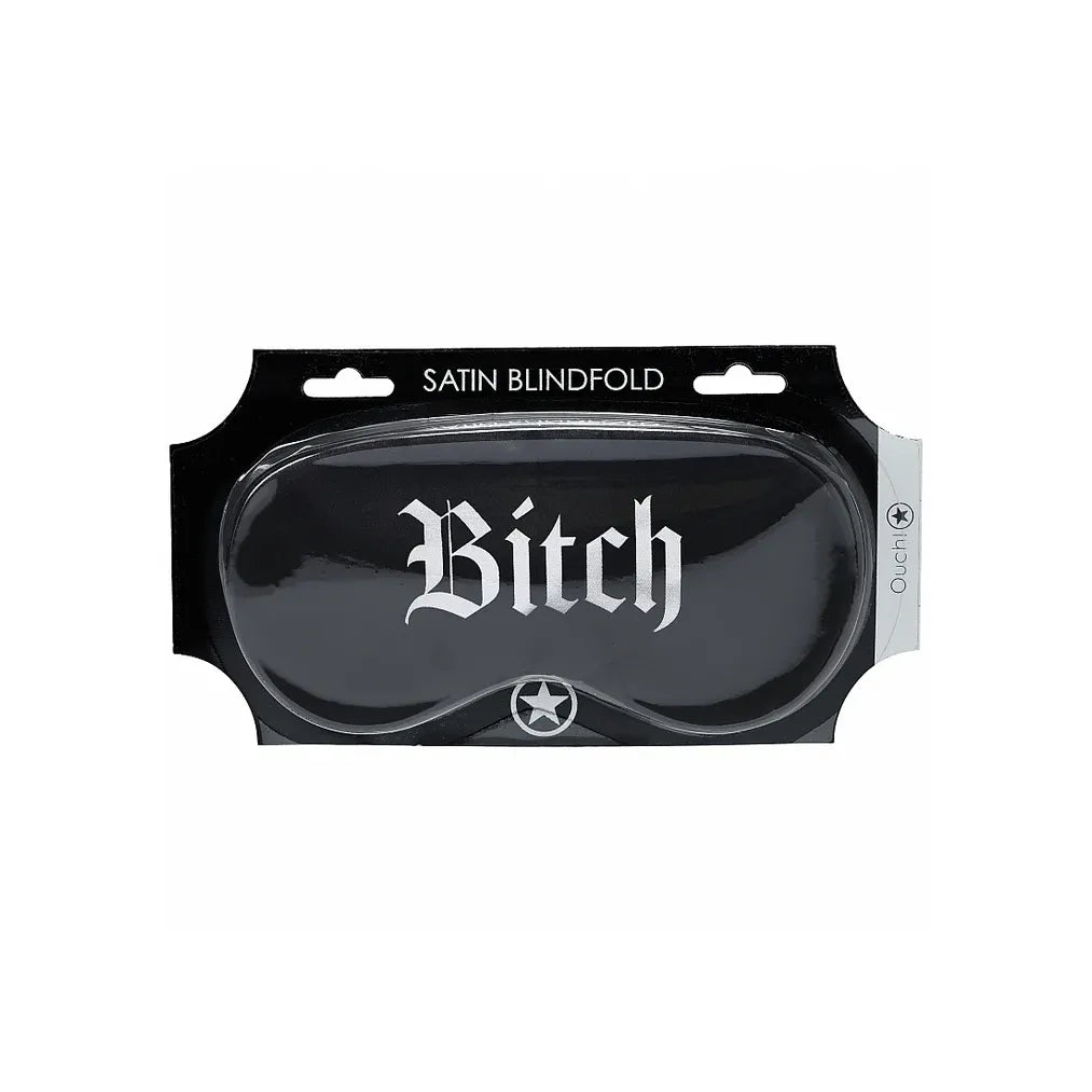 Black satin blindfold with 'Bitch' text in white on packaging