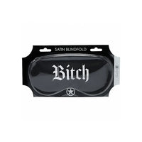 Black satin blindfold with 'Bitch' text in white on packaging
