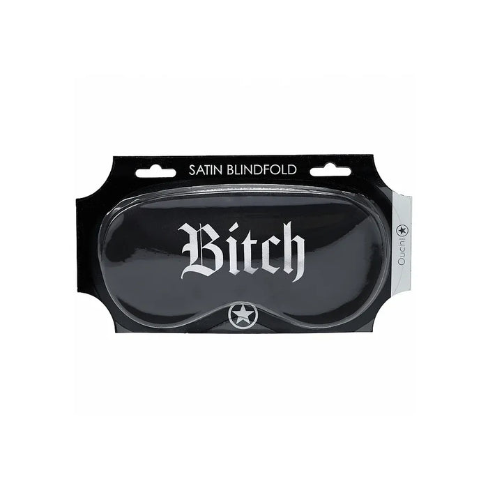 Black satin blindfold with 'Bitch' text in white on packaging