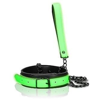green and black glow in the dark collar with black chained leash