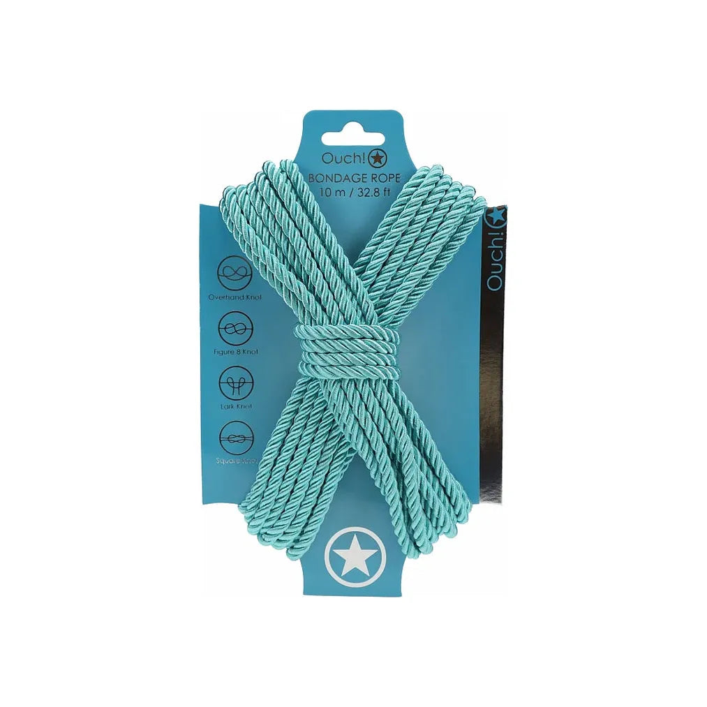 Turquoise bondage rope with packaging on a white background