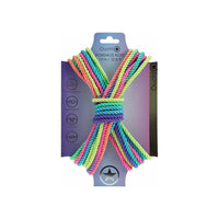 japanese bondage rope on carboard backing, rope displayed in the shape of an x . in rainbow
