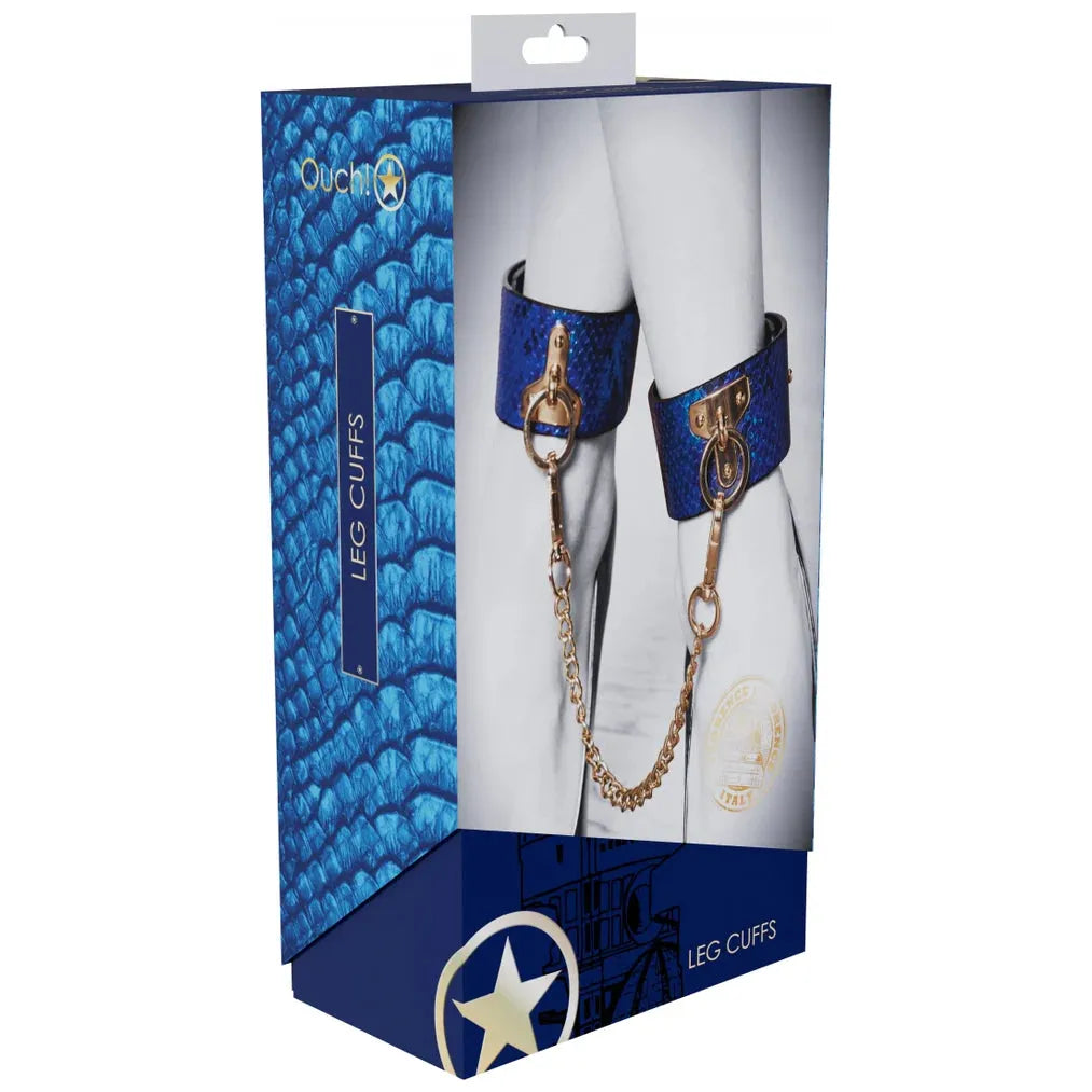 snake skin ankle cuffs with gold chains and clasp in blue