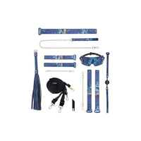 bondage florence collection in blue. collar & leash, wrist & leg restraints, straps, blindfold, ball gag and flogger