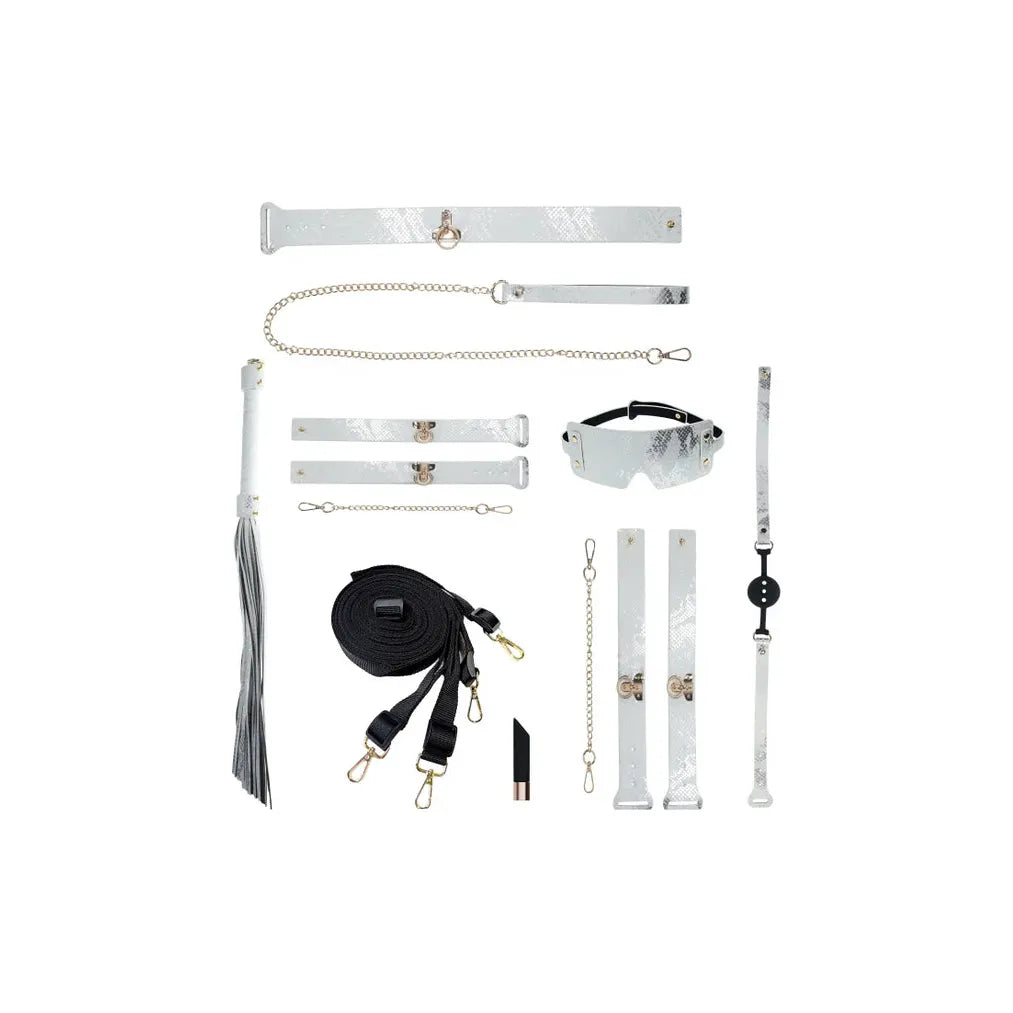 bondage florence collection in white. collar & leash, wrist & leg restraints, straps, blindfold, ball gag and flogger