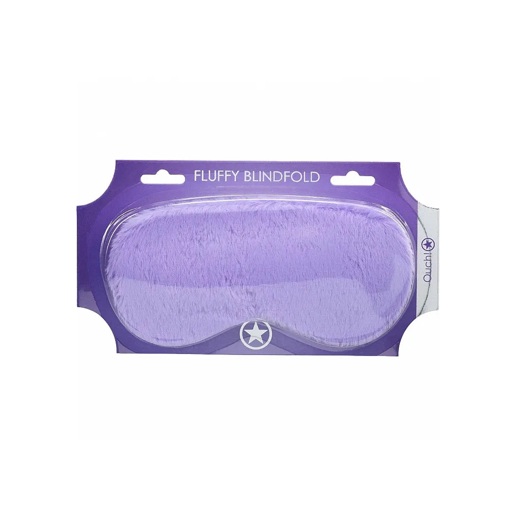 Purple fluffy blindfold in packaging with visible brand logo on a white background