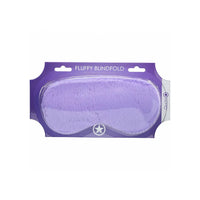 Purple fluffy blindfold in packaging with visible brand logo on a white background