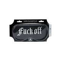 Black satin blindfold with 'Fuck off' text in white on a white background