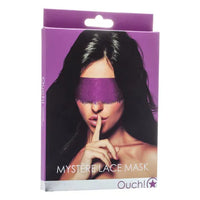 A packaged Ouch Mystere Lace Mask by Shots, with an image of a woman covering her eyes with a purple lace mask on the front.
