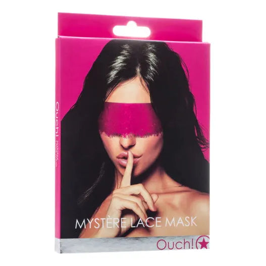 A packaged Ouch Mystere Lace Mask by Shots, with an image of a woman covering her eyes with a pink lace mask on the front.