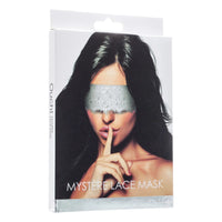 A packaged Ouch Mystere Lace Mask by Shots, with an image of a woman covering her eyes with a silver lace mask on the front.