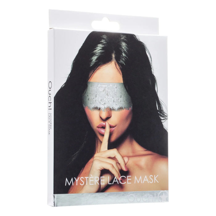 A packaged Ouch Mystere Lace Mask by Shots, with an image of a woman covering her eyes with a silver lace mask on the front.