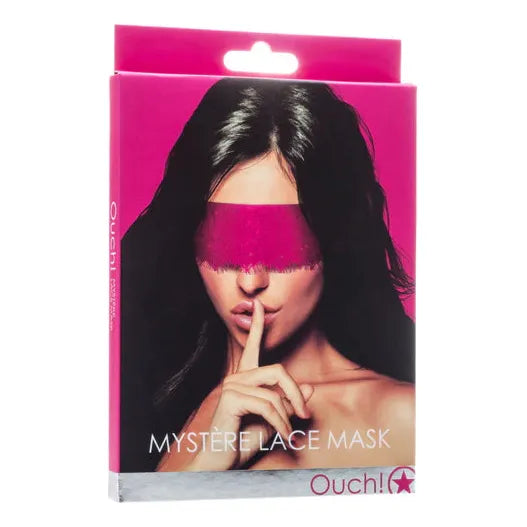 female brunette wearing blindfold with finger to lip